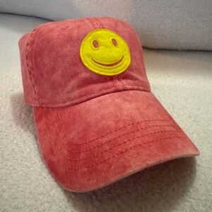 Washed Red Baseball Cap with Yellow Smiley Patch